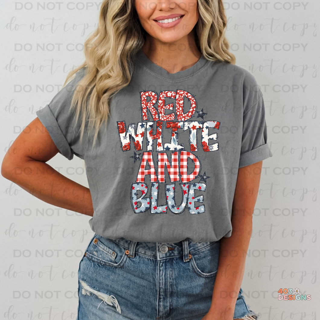 Red White And Blue Doodle Gingham Patriotic DTF Transfer