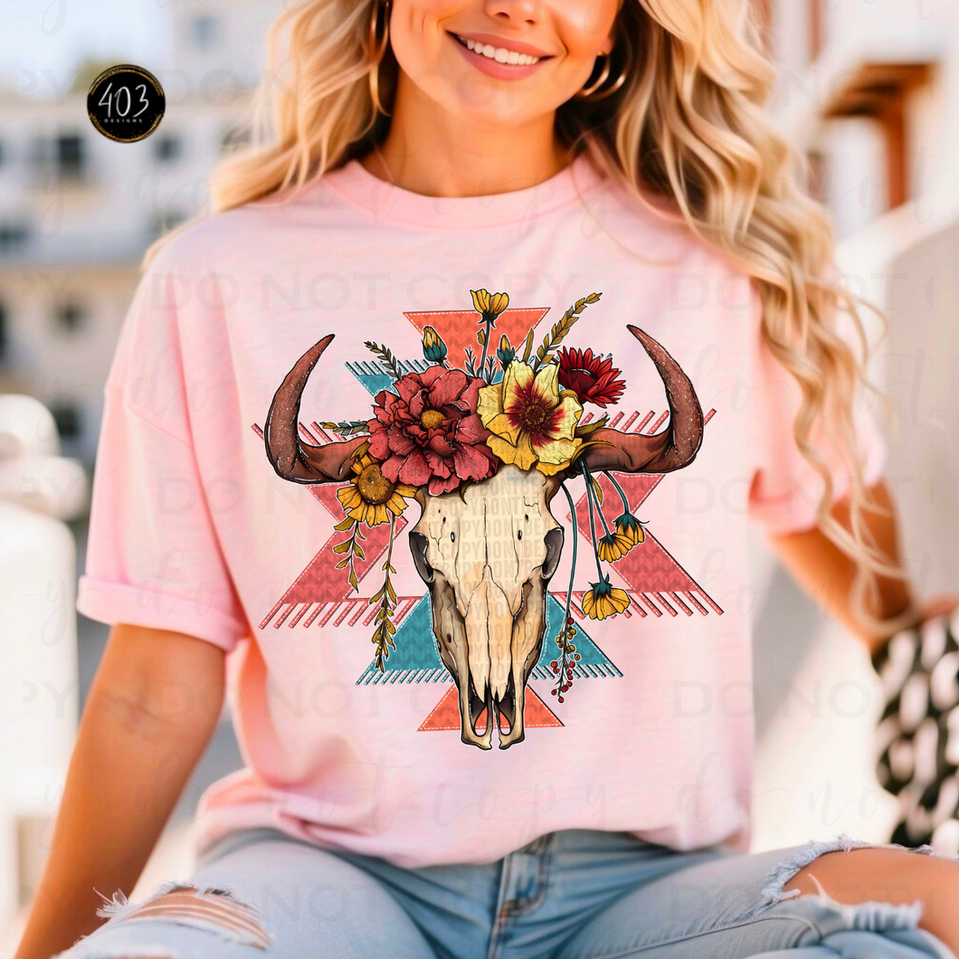 Floral Cow Skull DTF Transfer