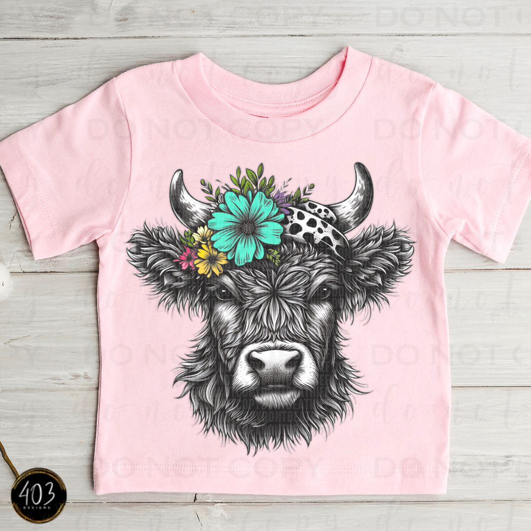 Floral Highland Cow DTF Transfer