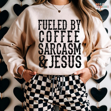 Load image into Gallery viewer, Fueled By Coffee Jesus Sarcasm DTF Transfer

