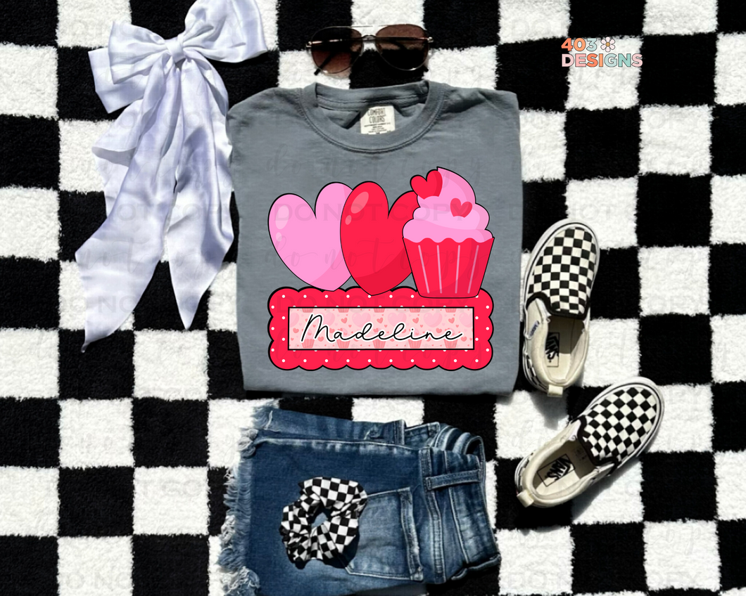 Hearts Cupcake Name Patch DTF Transfer