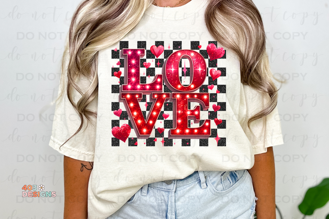 Love Glitter Checkerboard DTF Transfer