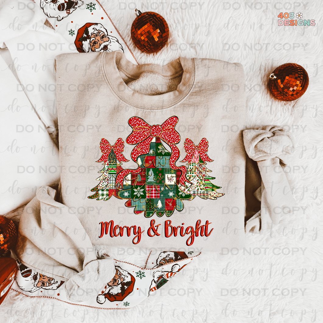 Merry & Bright Patchwork Trees DTF Transfer