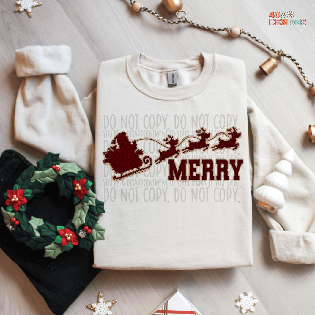 Merry Santa Sleigh Quilted DTF Transfer