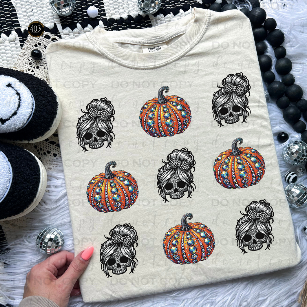 Messy Bun Skull & Pumpkin Rhinestone Collage DTF Transfer