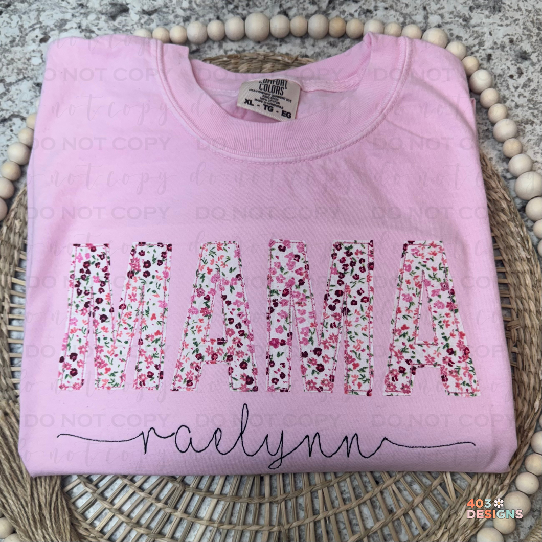 Custom Pink Floral w/ Name- Embroidered Comfort Colors T-Shirt