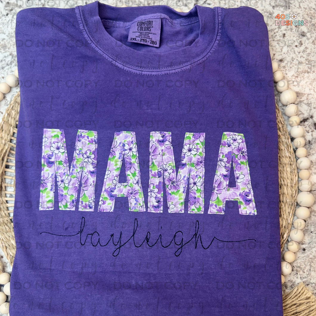 Custom Purple Floral w/ Name- Embroidered Comfort Colors T-Shirt