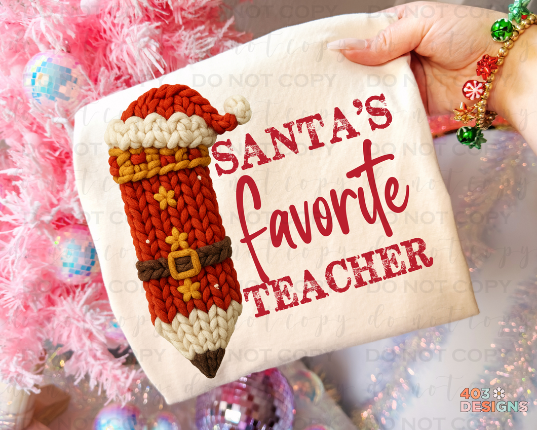 Santa's Favorite Teacher Faux Yarn DTF Transfer