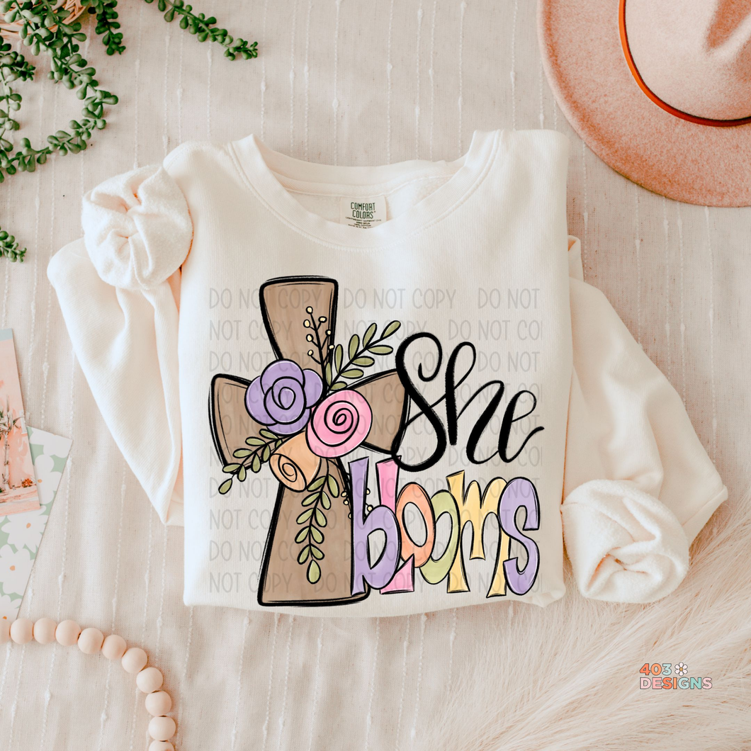She Blooms Floral Cross DTF Transfer