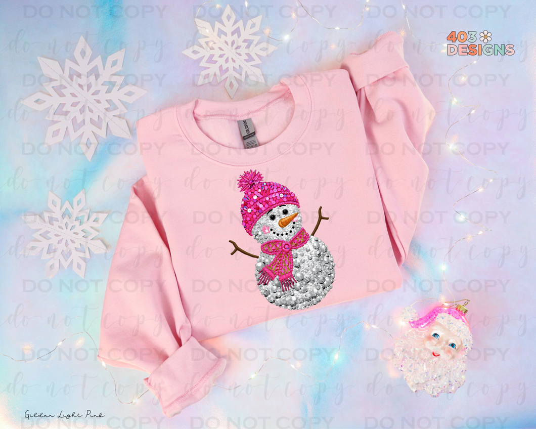 Snowman Pink Diamond Faux Sequin DTF Transfer