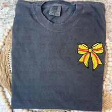 Load image into Gallery viewer, Embroidered Softball Bow Comfort Colors T-Shirt
