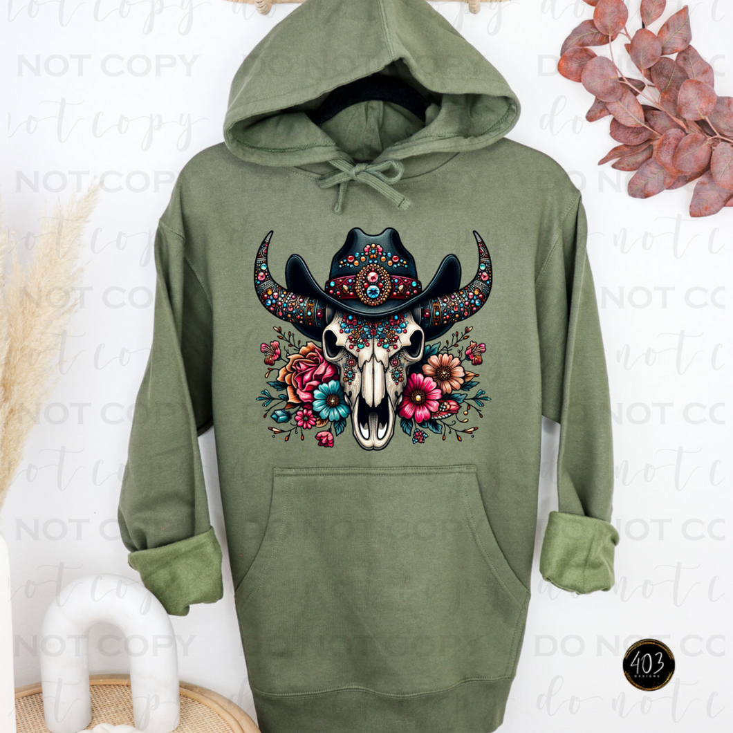 Western Bull Skull Floral Bling DTF Transfer